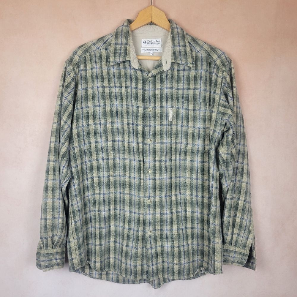 Vintage Columbia Flannel Blue Green Plaid Long Sleeve Buttondown Shirt Size M